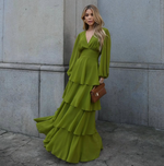 Vestido Longo Manga Longa Drapeado con Falda en Capas Verde