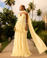 Vestido Longo Amarelo com Babados e Decote Estruturado Amarelo