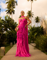 Vestido Longo Amarelo com Babados e Decote Estruturado Fucsia