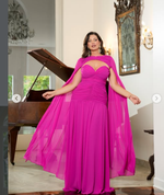 Vestido Longo com Capa Fluida e Busto Drapeado Fucsia