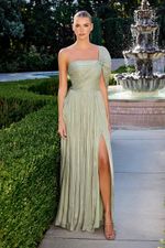 Vestido Longo Um Ombro Só Plissado com Fenda Verde 