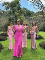 Vestido Longo com Ombrera  Decote em V Profundo Rosa Pink