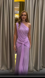 Vestido Longo de Um Ombro Drapeado com Amarração Frontal Lilas