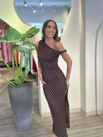 Vestido Midi Poá com 1 Alça Transversal Marrom