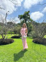 Vestido Longo com Alça Grosa Decote nas Costas Todo em Paetê Rosa