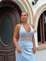 Vestido Longo com Detalhe em Renda na Cintura Azul