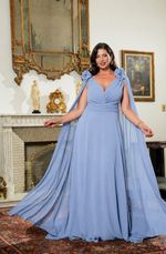 Vestido Longo Decote V Drapeado com Alças Finas Azul