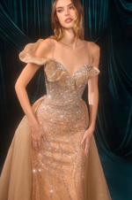 Vestido Longo Bordado com Bilhos e Saia Removível Nude
