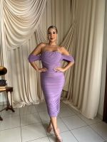 Vestido Midi Tomara que Caia com Drapeado e Alças Caídas Lilas