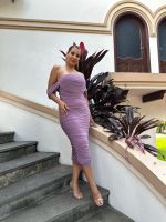 Vestido Midi Tomara que Caia com Drapeado e Alças Caídas Lilas