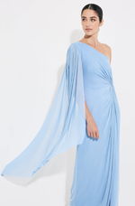 Vestido Longo de Tule Um Ombro Só com Manga Comprida Azul