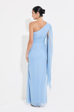 Vestido Longo de Tule Um Ombro Só com Manga Comprida Azul