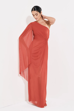 Vestido Longo de Tule Um Ombro Só com Manga Comprida Terracota