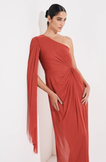 Vestido Longo de Tule Um Ombro Só com Manga Comprida Terracota