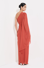 Vestido Longo de Tule Um Ombro Só com Manga Comprida Terracota