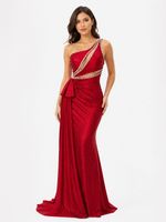 Vestido Longo com Pedraria Transparência e Fenda Lateral Vermelho