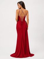 Vestido Longo com Pedraria Transparência e Fenda Lateral Vermelho