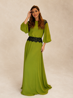 Vestido Longo com Renda e Manga Longa Gola Redonda Verde 