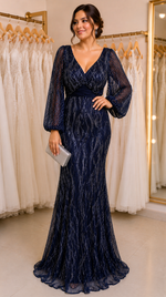 Vestido Longo Azul Enteiro Brilho Decote V Peito Cinto Drapeado