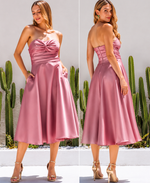 Vestido Midi Drapeado no Busto Rosa