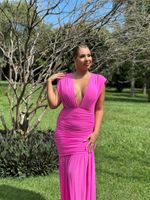 Vestido Longo com Ombrera  Decote em V Profundo Rosa Pink