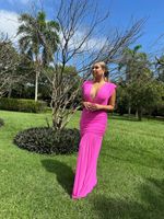 Vestido Longo com Ombrera  Decote em V Profundo Rosa Pink