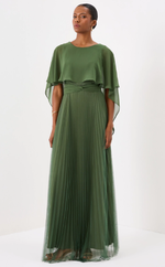 Vestido Longo Plissado Com Capa Fluida Verde Oliva