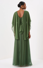 Vestido Longo Plissado Com Capa Fluida Verde Oliva