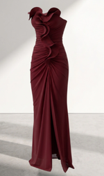 Vestido Longo Tomara que Caia com Babados Marsala
