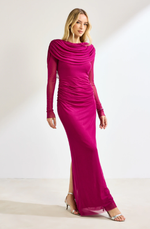 Vestido Longo Manga Longa com Fenda Fucsia 