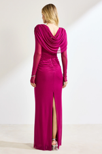 Vestido Longo Manga Longa com Fenda Fucsia 