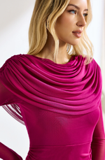 Vestido Longo Manga Longa com Fenda Fucsia 