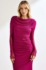 Vestido Longo Manga Longa com Fenda Fucsia 