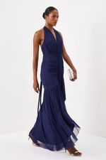 Vestido Longo Frente Única Drapeado com Amarração Azul 