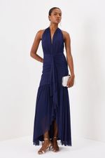 Vestido Longo Frente Única Drapeado com Amarração Azul 