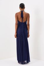 Vestido Longo Frente Única Drapeado com Amarração Azul 