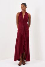 Vestido Longo Frente Única Drapeado com Amarração Marsala