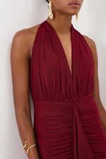 Vestido Longo Frente Única Drapeado com Amarração Marsala