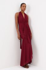 Vestido Longo Frente Única Drapeado com Amarração Marsala