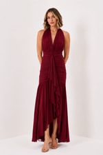 Vestido Longo Frente Única Drapeado com Amarração Marsala