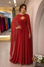 Vestido Longo com Alças Drapeado e Capa Terracota
