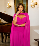 Vestido Longo com Capa Fluida e Busto Drapeado Fucsia