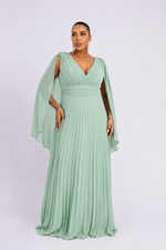 Vestido Longo Plissado com Alças e Babados Verde