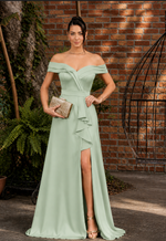 Vestido Longo Off Shoulder com Babado Lateral Verde