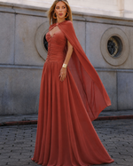 Vestido Longo com Alças Drapeado e Capa Terracota