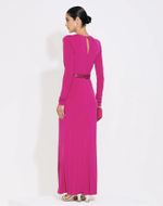 Vestido Longo Ombreira e Cinto Paetê Fucsia