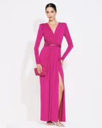 Vestido Longo Ombreira e Cinto Paetê Fucsia