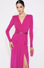 Vestido Longo Ombreira e Cinto Paetê Fucsia