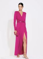 Vestido Longo Ombreira e Cinto Paetê Fucsia