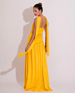 Vestido Longo Strapless Liso com Saia Plissada + Lenço Laranja